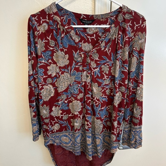 Lucky Brand Rust & Blue Floral High Low Henley Top Women’s Size Medium - Picture 2 of 7